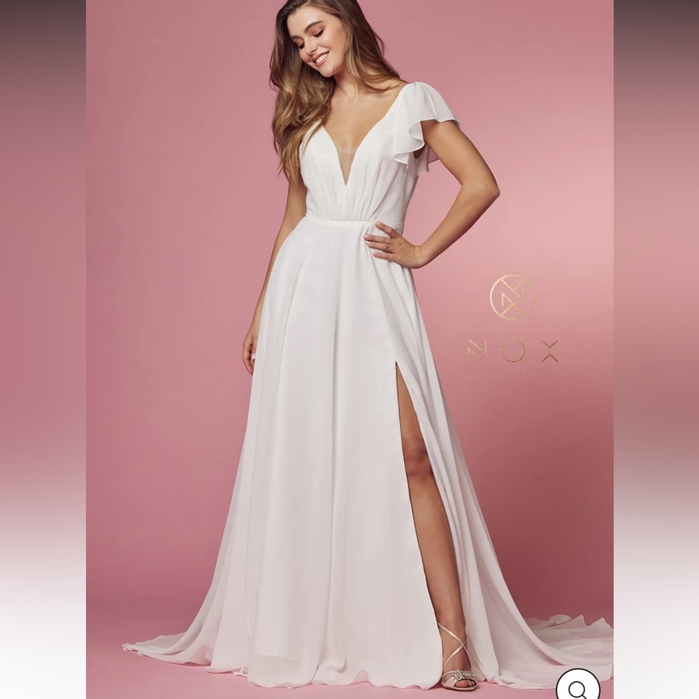 Divine long dress by Nox Anabel short ruffle sleeve cutout back side slit 14